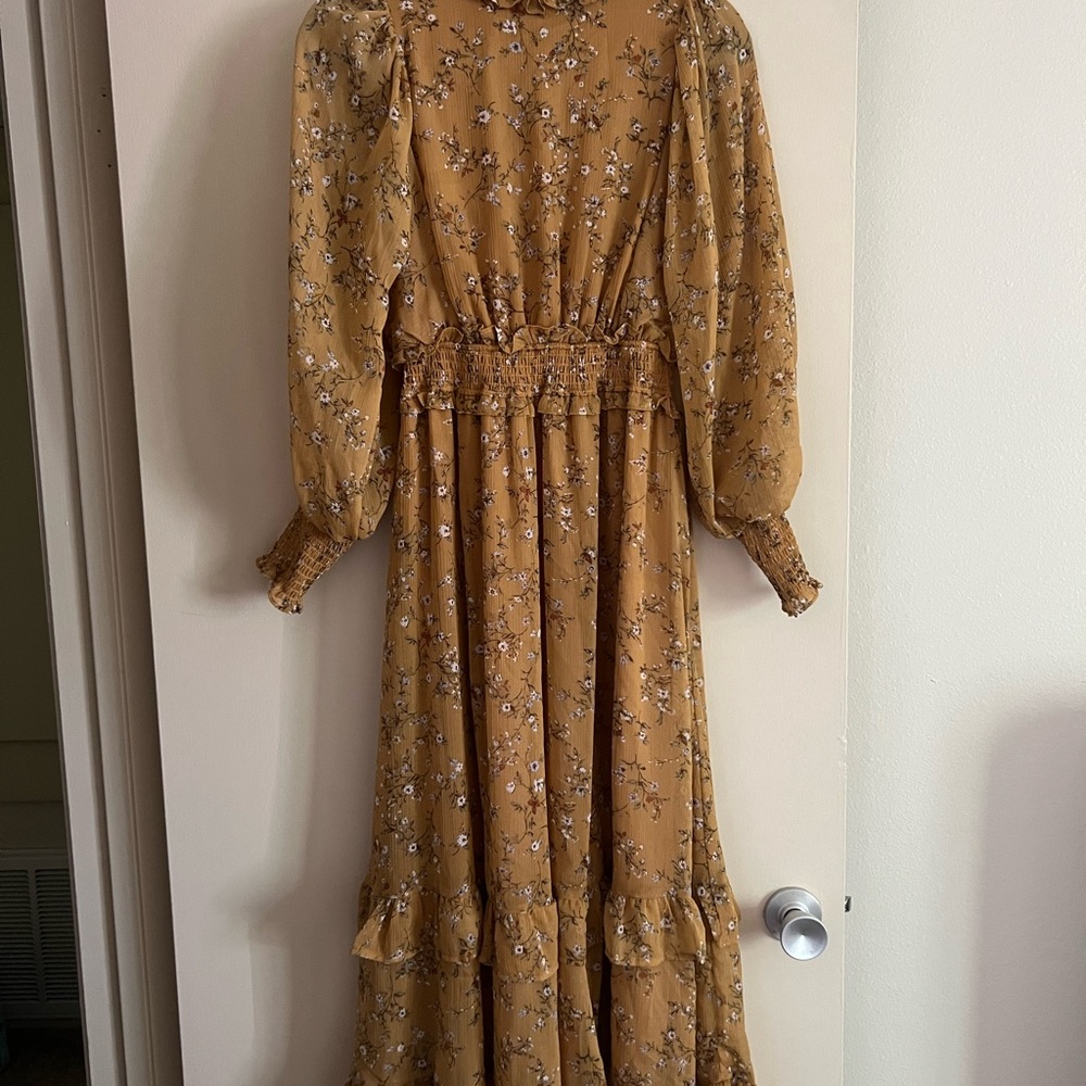 Gold Tiered Gown with Ruffled Bishop Sleeves